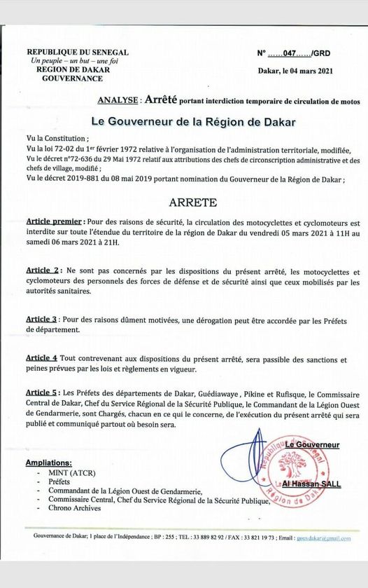 Manifestations: Le Gouverneur De Dakar Prend Une Nouvelle Décision (Document)
